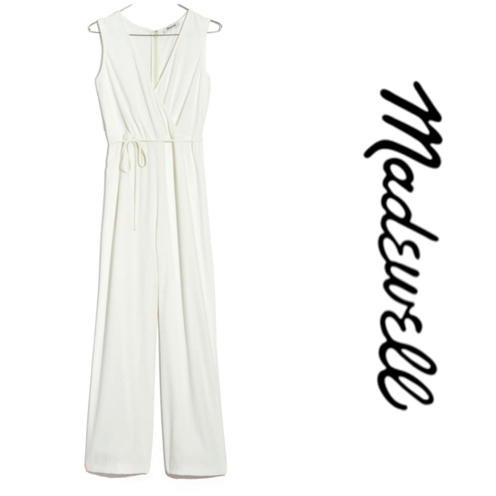 MADEWELL Tie Waist Wide Leg Sleeveless Faux Wrap Crepe Fabric White Jumpsuit 6